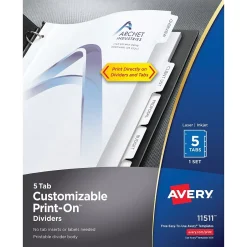 Avery Print-On Paper Dividers, 5 Tabs, White (11511) New