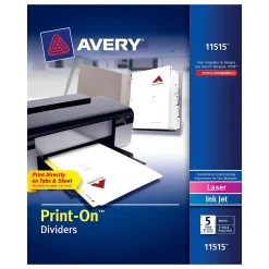 Avery Print-On Paper Dividers, 5 Tabs, White, 5 Sets/Pack (11515) New