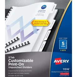 Avery Print-On Unpunched Paper Dividers, 5 Tabs, White, 5 Sets/Pack (11516)