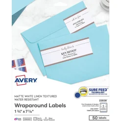 Avery Print-to-the-Edge Laser/Inkjet Wraparound Labels, 7.85" x 1.75", Textured White, 50/Pack (22838) New