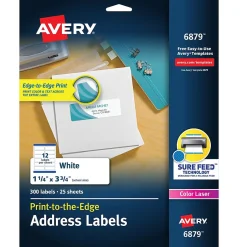 Avery Print-to-the-Edge Laser/Copier Shipping Labels, 1-1/4" x 3-3/4", White, 300 Labels/Pack (6879)* Address Labels
