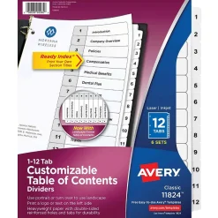 Avery Ready Index Table of Contents Paper Dividers, 1-12 Tabs, White, 6 Sets/Pack (11824) New