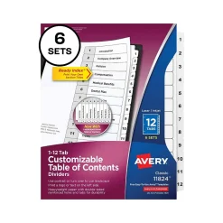 Avery Ready Index Table of Contents Paper Dividers, 1-12 Tabs, White, 6 Sets/Pack (11824) New