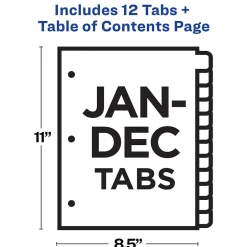 Avery Ready Index Table of Contents Pre-Printed Monthly Paper Divider, Jan - Dec Tabs, Multicolor, 1 Set (11127) Clearance