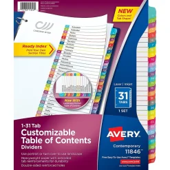 Avery Ready Index Table of Contents Paper Dividers, 1-31 Tabs, Contemporary Multicolor (11846) Clearance