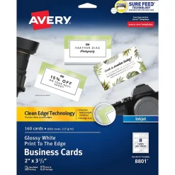 Outlet Sure Feed Business Cards, 2" x 3.5", Glossy White, 8 Cards/Sheet, 20 Sheets/Pack, 160 Cards/Pack (8801) Business Cards