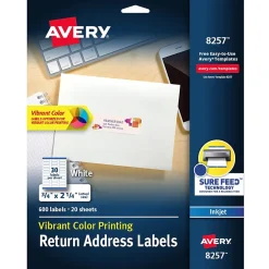 Avery Sure Feed Inkjet Return Address Labels, 3/4" x 2-1/4", 600 Labels/Pack (8257)* Address Labels