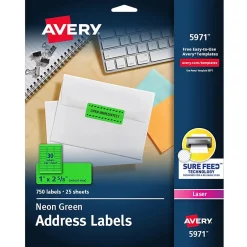 Avery Sure Feed Laser Address Labels, 1" x 2 5/8", Neon Green, 750 Labels/Pack (5971)* Address Labels