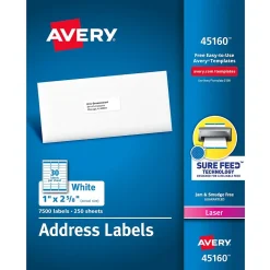 Avery Sure Feed Laser Address Labels, 1" x 2-5/8", White, 7,500 Labels/Box (45160)* Address Labels
