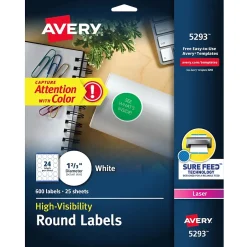 Avery Sure Feed Laser Round Labels, 1-2/3" Dia, White, 600 Labels/Pack (5293) Best