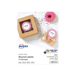 Avery Sure Feed Laser/Inkjet Round Labels, 3" Dia, Glossy White, 60 Labels/Pack (22891) Discount