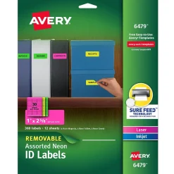 Avery Sure Feed Laser/Inkjet ID Labels, 1" x 2-5/8", Assorted Neon, 360 Labels/Pack (6479)