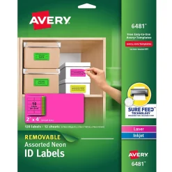 Avery Sure Feed Laser/Inkjet ID Labels, 2 x 4, Assorted Neon, 120 Labels/Pack (6481) Online
