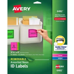 Avery Sure Feed Laser/Inkjet ID Labels, 3-1/3" x 4", Assorted Neon, 72 Labels/Pack (6482) Sale