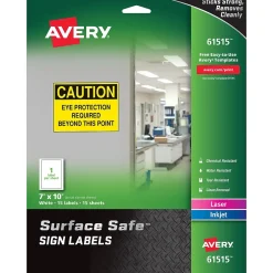 Avery Surface Safe Laser/Inkjet Label Safety Signs, 7" x 10", White, 15 Labels/Pack (61515) Sale