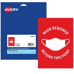 Social Distance Signage<Avery Surface Safe "Mask Required Beyond This Point" Preprinted Wall Decals, 7" x 10", Red/White, 5 Pack (83177)