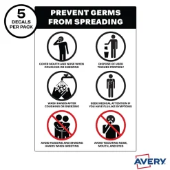 Social Distance Signage<Avery Surface Safe "Prevent Germs from Spreading" Preprinted Wall Decals, 7" x 10", White/Black, 5/Pack (83174)