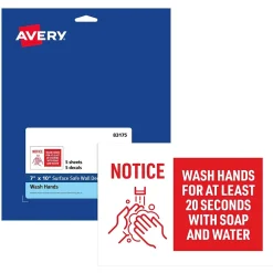 Social Distance Signage<Avery Surface Safe "Wash Hands" Preprinted Wall Decals, 7" x 10", White/Red, 5/Pack (83175)