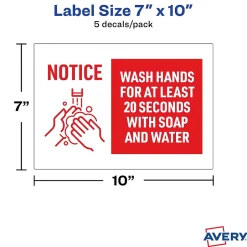 Social Distance Signage<Avery Surface Safe "Wash Hands" Preprinted Wall Decals, 7" x 10", White/Red, 5/Pack (83175)