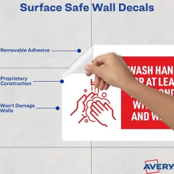 Social Distance Signage<Avery Surface Safe "Wash Hands" Preprinted Wall Decals, 7" x 10", White/Red, 5/Pack (83175)