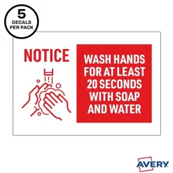 Social Distance Signage<Avery Surface Safe "Wash Hands" Preprinted Wall Decals, 7" x 10", White/Red, 5/Pack (83175)