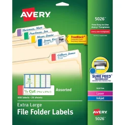 Avery TrueBlock Laser/Inkjet Extra Large File Folder Labels, 15/16" x 3-7/16", Assorted Colors, 450 Labels/Pack (5026)