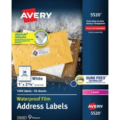 Avery Waterproof Laser Address Labels, 1" x 2-5/8", Matte White, 1,500 Labels/Box (5520)* Address Labels