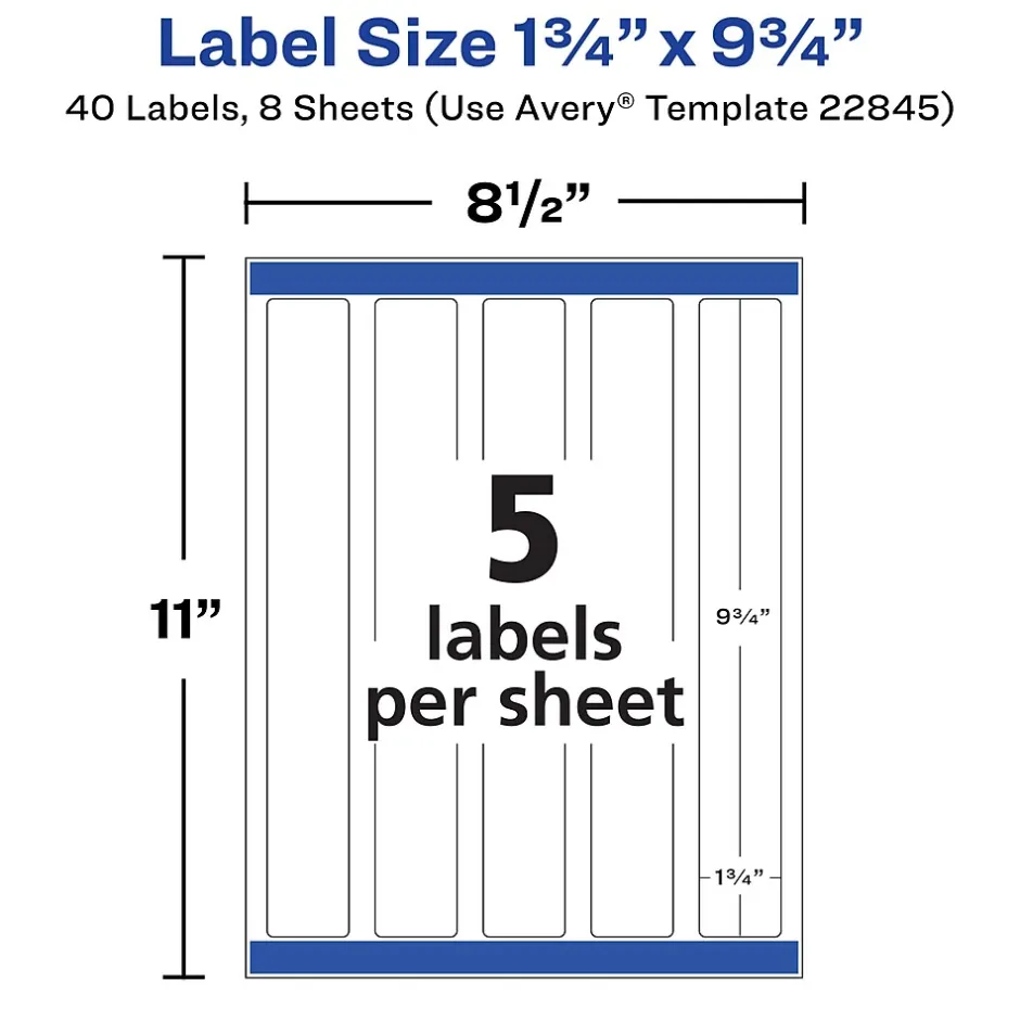 Avery Waterproof Laser/ Inkjet Wraparound Labels, 1.25" x 9.75", White, 40 Labels/Pack (22845) Outlet