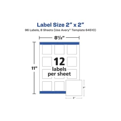 Avery Waterproof Laser/Pigment-Inkjet Square Labels, 2" x 2", Glossy White, 96 Labels/Pack (64510) Outlet