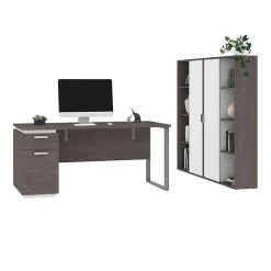 New Aquarius 66" Computer Desk with Single Pedestal and 2 Storage Cabinets, Bark Grey/White (114851-000047) Computer Desks