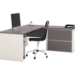 Hot Connexion Collection 71"W L-Shaped Desk with Oversize Pedestal, Sandstone and Slate (93862-59) L-Desks