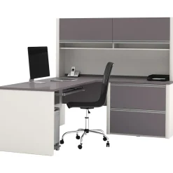 Best Connexion Collection 71"W L-Shaped Desk with Oversize Pedestal and Hutch, Sandstone and Slate (93867-59) L-Desks
