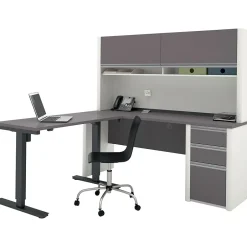 Best Connexion 72"W L-Desk with Hutch & Electric Height-Adjustable Desk, Slate/Sandstone (93886-59) Standing Desks