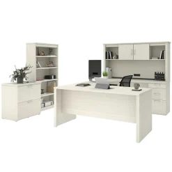 New Logan 66" U-Shaped Executive Desk with Hutch, Lateral File Cabinet, and Bookcase, White Chocolate (46851-31) Office Desks