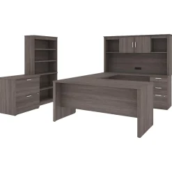Logan 66" U-Shaped Executive Desk with Hutch, Lateral File Cabinet, and Bookcase, Bark Grey (46851-47) Corner Desks