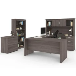 Logan 66" U-Shaped Executive Desk with Hutch, Lateral File Cabinet, and Bookcase, Bark Grey (46851-47) Corner Desks
