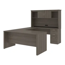 Discount Logan 66"W U or L-Shaped Executive Office Desk with Pedestal and Hutch, Bark Grey (46410-47) Computer Desks