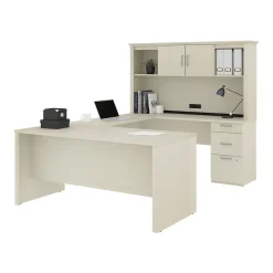 Online Logan 66"W U or L-Shaped Executive Office Desk with Pedestal and Hutch, White Chocolate (46410-31) Computer Desks