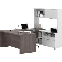 Hot Pro-Linea 71" U-Desk with Hutch, White/Bark Grey (120880-47) Computer Desks