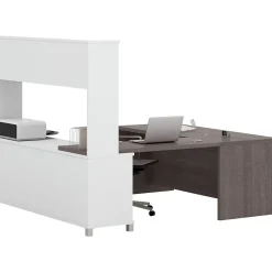 Hot Pro-Linea 71" U-Desk with Hutch, White/Bark Grey (120880-47) Computer Desks