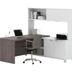 Pro-Linea L-Desk with Hutch, White/Bark Grey (120884-47) L-Desks