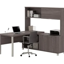 Online Pro-Linea L-Desk with Hutch, Bark Grey (120864-47) L-Desks