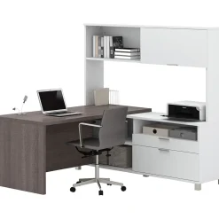 Hot Pro-Linea 71"W L-Desk with Hutch, White & Bark Grey (120882-47) L-Desks