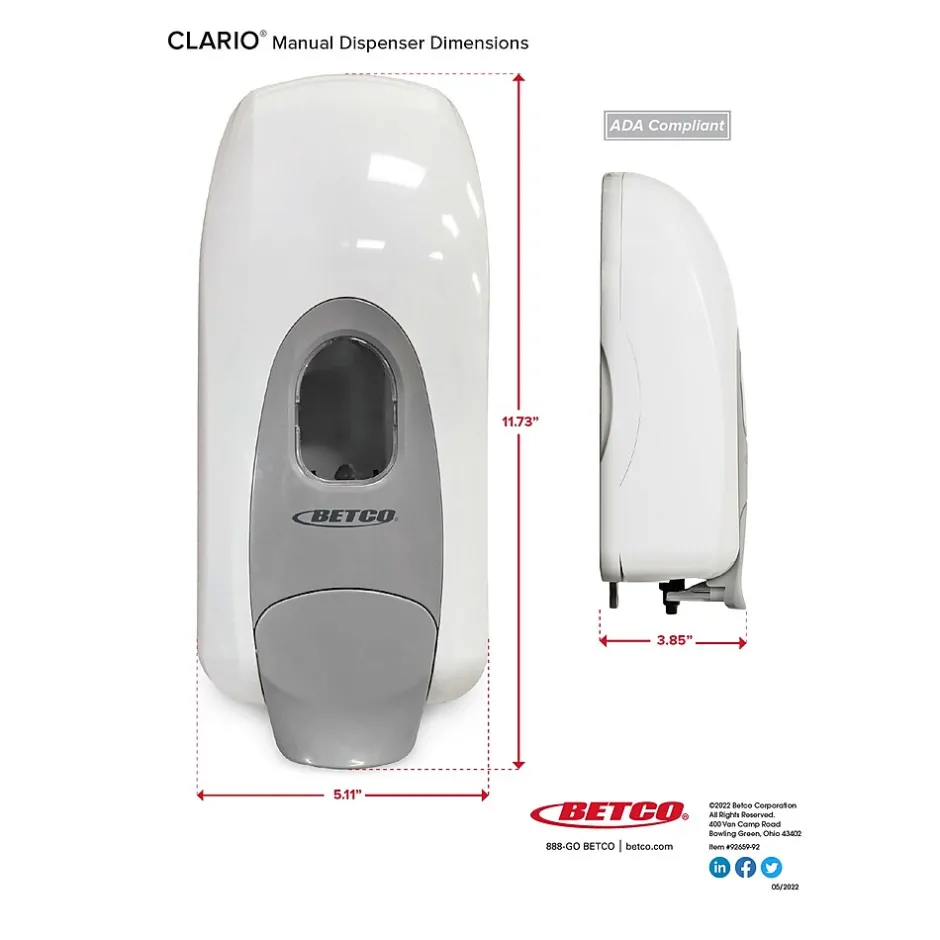 Betco Clario Universal 91819-00 Wall Mounted Hand Soap/Hand Sanitizer Dispenser, White (9181900)