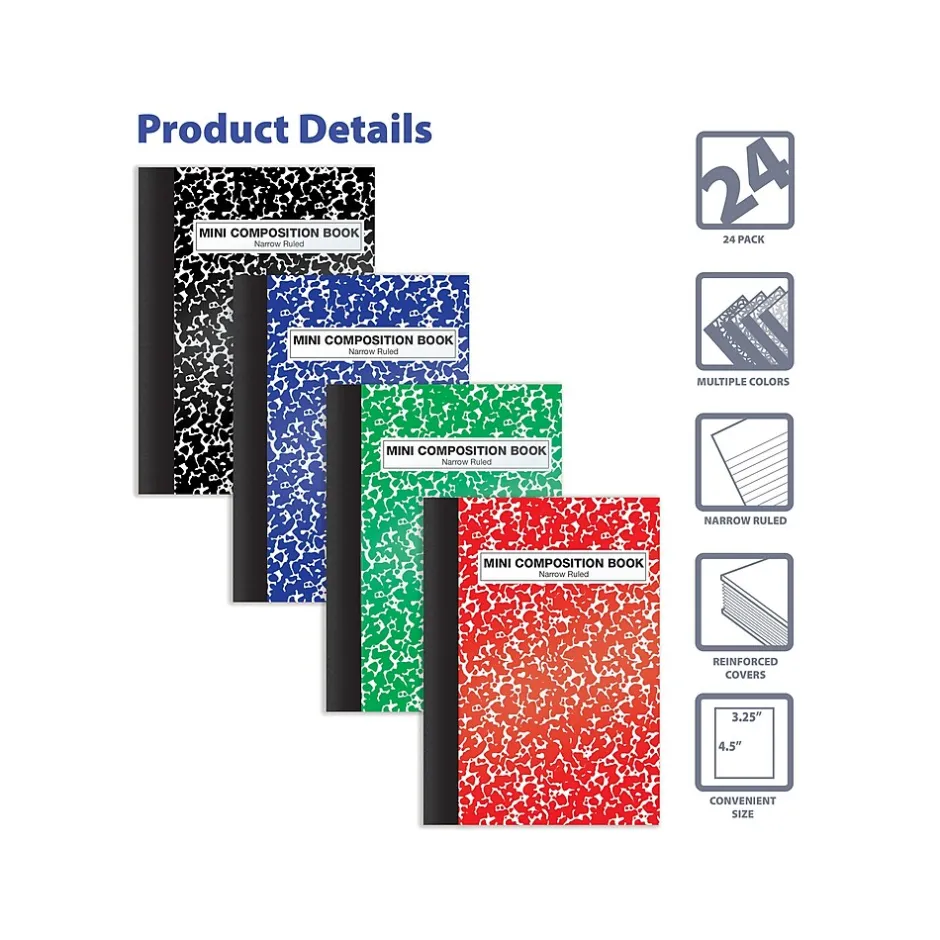 Better Office Mini Composition Notebooks, 3.25" x 4.5", Narrow Ruled, 80 Sheets, Assorted Colors, 24/Pack (25524-24PK) Outlet