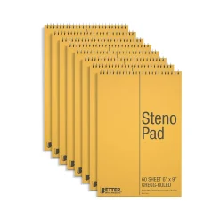 Better Office Steno Pad, 6" x 9", Gregg-Ruled, Yellow, 60 Sheets/Pad, 8 Pads/Pack (25808-8PK) Clearance