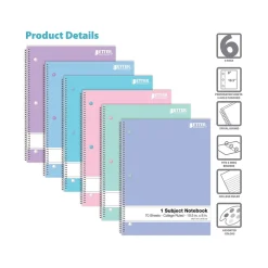 Better Office 1-Subject Notebooks, 8" x 10.5", College Ruled, 70 Sheets, 6/Pack (25726-6PK) Clearance