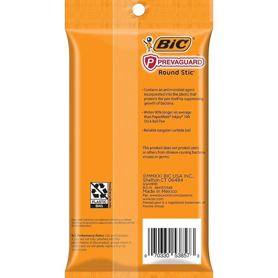 BIC Prevaguard Round Stic Ballpoint Pen, Medium Point, Black Ink, 8/Pack (GSAMP81-BLK) New