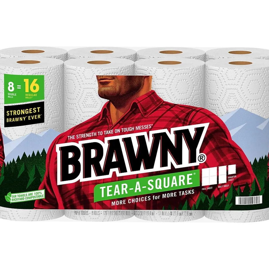 Paper Towels<Brawny Tear-A-Square Paper Towels, 2-ply, 120 Sheets/Roll, 8 Rolls/Pack (443665)