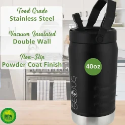 Water Bottles<Brentwood Geojug Stainless Steel Double Walled Sports Water Jug, 40 oz., Black (G-1200BK)